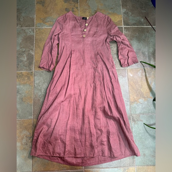 Roolee Dresses & Skirts - SOLD Roolee Pink 100% Linen Button 3/4 Sleeve Modest Dress Size Small